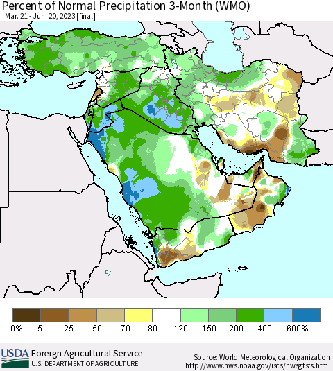 Middle East and Turkey Percent of Normal Precipitation 3-Month (WMO) Thematic Map For 3/21/2023 - 6/20/2023