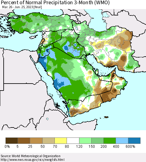 Middle East and Turkey Percent of Normal Precipitation 3-Month (WMO) Thematic Map For 3/26/2023 - 6/25/2023