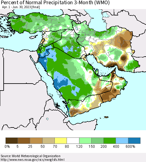 Middle East and Turkey Percent of Normal Precipitation 3-Month (WMO) Thematic Map For 4/1/2023 - 6/30/2023
