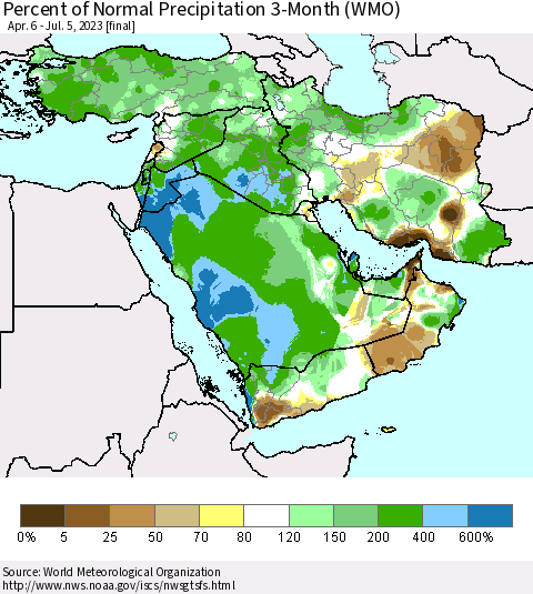 Middle East and Turkey Percent of Normal Precipitation 3-Month (WMO) Thematic Map For 4/6/2023 - 7/5/2023