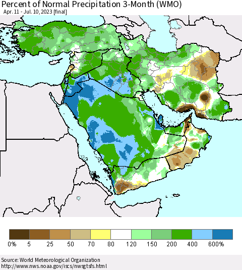 Middle East and Turkey Percent of Normal Precipitation 3-Month (WMO) Thematic Map For 4/11/2023 - 7/10/2023
