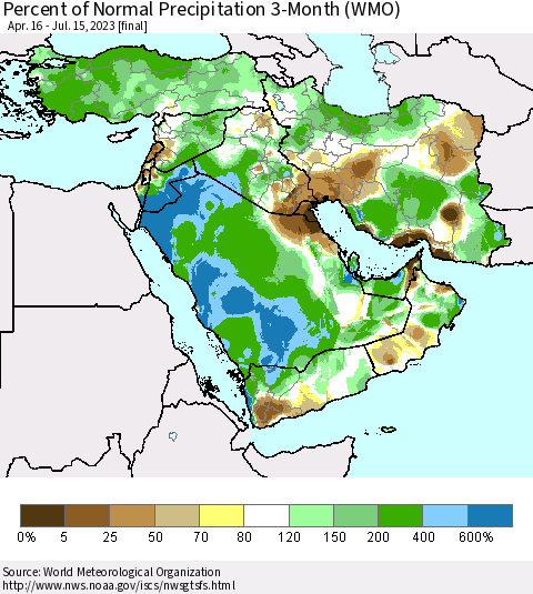 Middle East and Turkey Percent of Normal Precipitation 3-Month (WMO) Thematic Map For 4/16/2023 - 7/15/2023