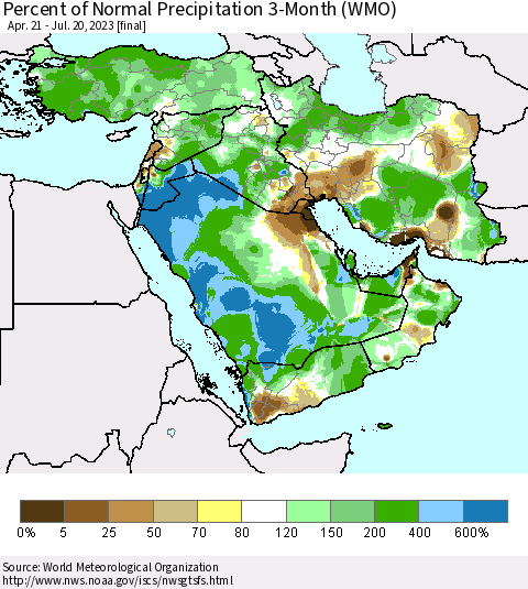 Middle East and Turkey Percent of Normal Precipitation 3-Month (WMO) Thematic Map For 4/21/2023 - 7/20/2023