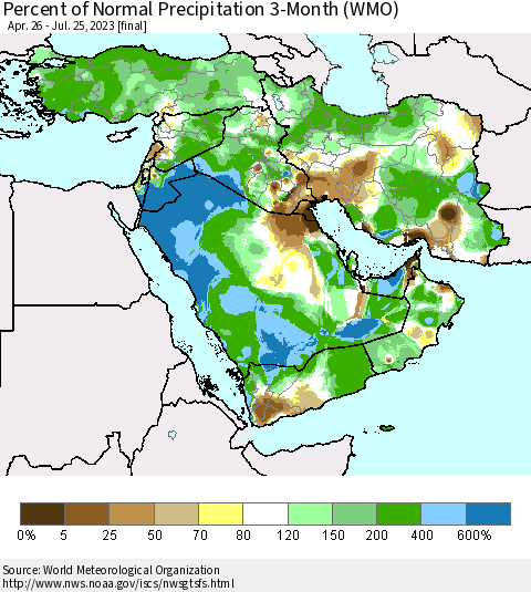 Middle East and Turkey Percent of Normal Precipitation 3-Month (WMO) Thematic Map For 4/26/2023 - 7/25/2023