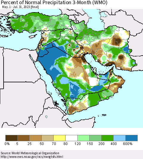 Middle East and Turkey Percent of Normal Precipitation 3-Month (WMO) Thematic Map For 5/1/2023 - 7/31/2023