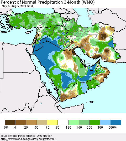 Middle East and Turkey Percent of Normal Precipitation 3-Month (WMO) Thematic Map For 5/6/2023 - 8/5/2023