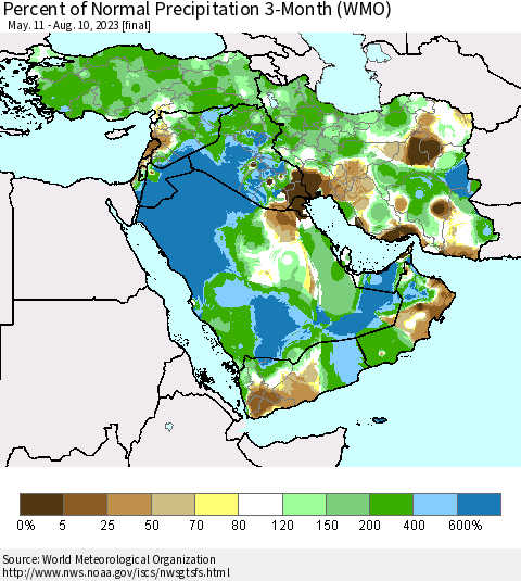 Middle East and Turkey Percent of Normal Precipitation 3-Month (WMO) Thematic Map For 5/11/2023 - 8/10/2023