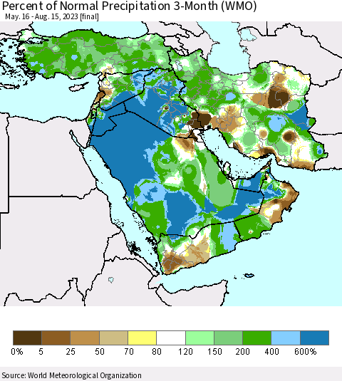 Middle East and Turkey Percent of Normal Precipitation 3-Month (WMO) Thematic Map For 5/16/2023 - 8/15/2023