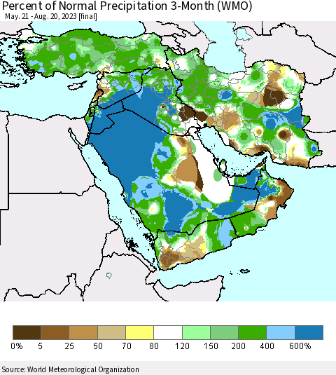 Middle East and Turkey Percent of Normal Precipitation 3-Month (WMO) Thematic Map For 5/21/2023 - 8/20/2023