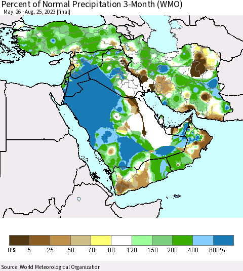 Middle East and Turkey Percent of Normal Precipitation 3-Month (WMO) Thematic Map For 5/26/2023 - 8/25/2023