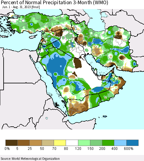 Middle East and Turkey Percent of Normal Precipitation 3-Month (WMO) Thematic Map For 6/1/2023 - 8/31/2023