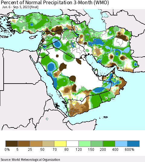 Middle East and Turkey Percent of Normal Precipitation 3-Month (WMO) Thematic Map For 6/6/2023 - 9/5/2023