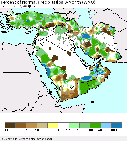 Middle East and Turkey Percent of Normal Precipitation 3-Month (WMO) Thematic Map For 6/11/2023 - 9/10/2023
