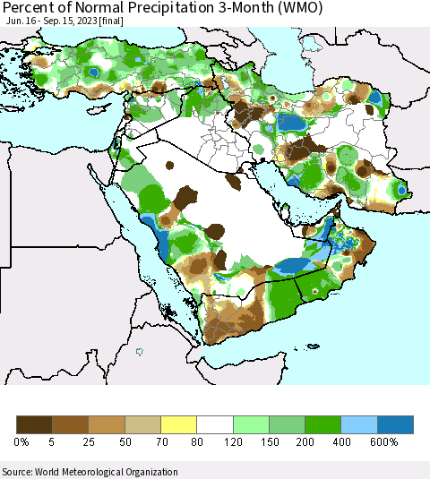 Middle East and Turkey Percent of Normal Precipitation 3-Month (WMO) Thematic Map For 6/16/2023 - 9/15/2023