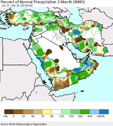 Middle East and Turkey Percent of Normal Precipitation 3-Month (WMO) Thematic Map For 6/21/2023 - 9/20/2023