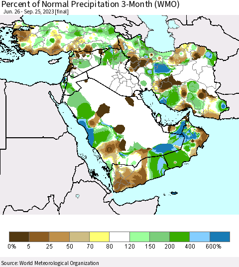 Middle East and Turkey Percent of Normal Precipitation 3-Month (WMO) Thematic Map For 6/26/2023 - 9/25/2023