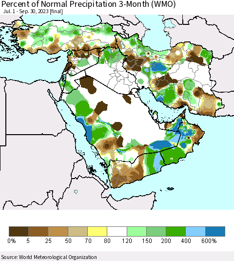 Middle East and Turkey Percent of Normal Precipitation 3-Month (WMO) Thematic Map For 7/1/2023 - 9/30/2023