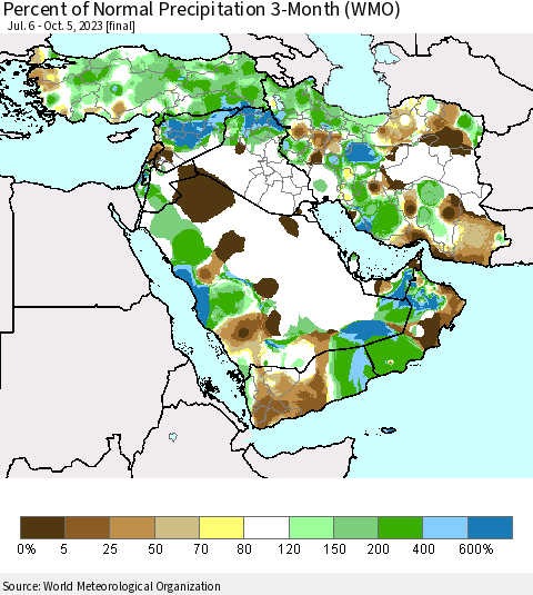 Middle East and Turkey Percent of Normal Precipitation 3-Month (WMO) Thematic Map For 7/6/2023 - 10/5/2023