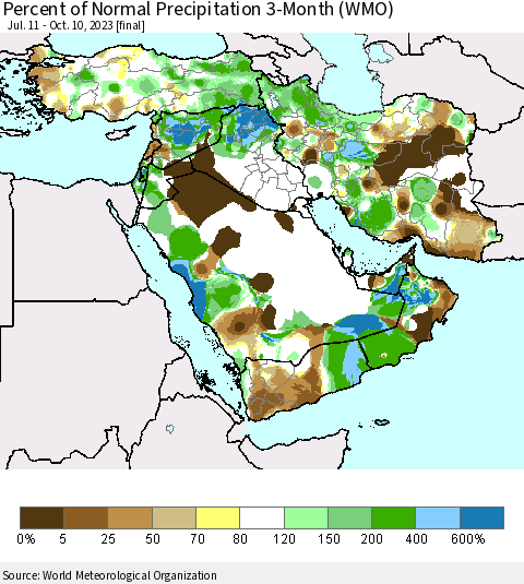 Middle East and Turkey Percent of Normal Precipitation 3-Month (WMO) Thematic Map For 7/11/2023 - 10/10/2023