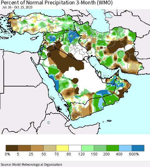 Middle East and Turkey Percent of Normal Precipitation 3-Month (WMO) Thematic Map For 7/16/2023 - 10/15/2023