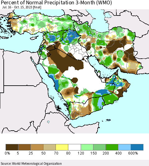 Middle East and Turkey Percent of Normal Precipitation 3-Month (WMO) Thematic Map For 7/16/2023 - 10/15/2023