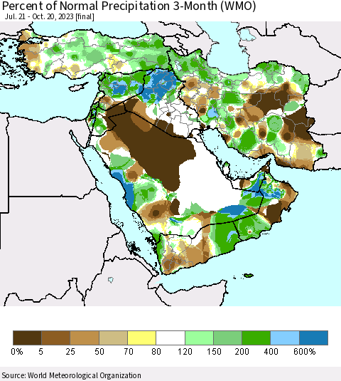 Middle East and Turkey Percent of Normal Precipitation 3-Month (WMO) Thematic Map For 7/21/2023 - 10/20/2023
