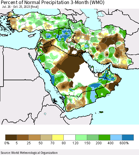 Middle East and Turkey Percent of Normal Precipitation 3-Month (WMO) Thematic Map For 7/26/2023 - 10/25/2023