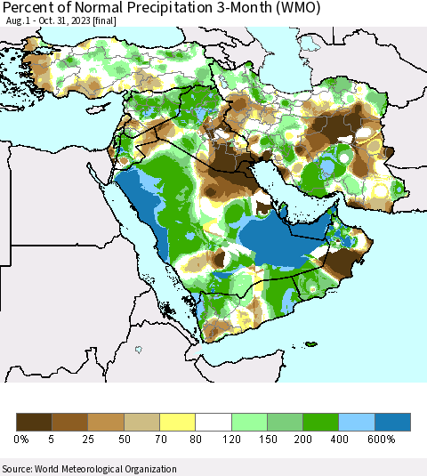 Middle East and Turkey Percent of Normal Precipitation 3-Month (WMO) Thematic Map For 8/1/2023 - 10/31/2023