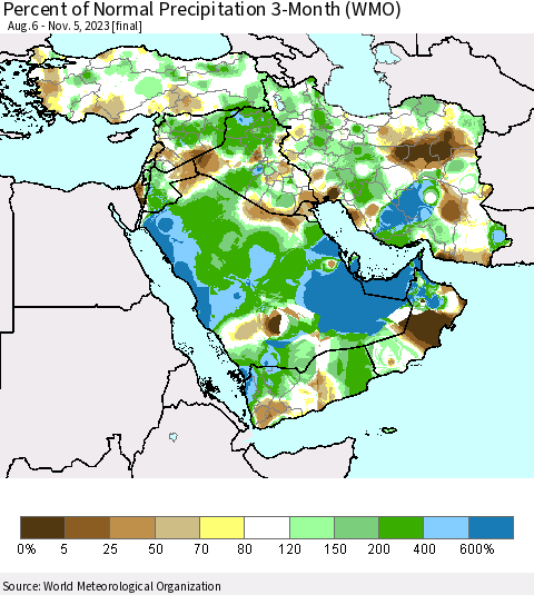 Middle East and Turkey Percent of Normal Precipitation 3-Month (WMO) Thematic Map For 8/6/2023 - 11/5/2023