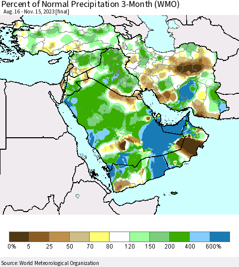 Middle East and Turkey Percent of Normal Precipitation 3-Month (WMO) Thematic Map For 8/16/2023 - 11/15/2023