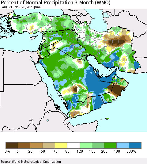 Middle East and Turkey Percent of Normal Precipitation 3-Month (WMO) Thematic Map For 8/21/2023 - 11/20/2023