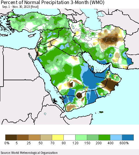 Middle East and Turkey Percent of Normal Precipitation 3-Month (WMO) Thematic Map For 9/1/2023 - 11/30/2023