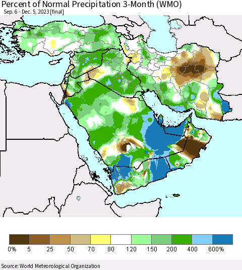 Middle East and Turkey Percent of Normal Precipitation 3-Month (WMO) Thematic Map For 9/6/2023 - 12/5/2023
