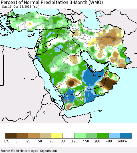 Middle East and Turkey Percent of Normal Precipitation 3-Month (WMO) Thematic Map For 9/16/2023 - 12/15/2023