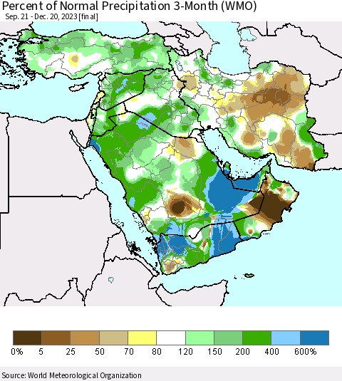 Middle East and Turkey Percent of Normal Precipitation 3-Month (WMO) Thematic Map For 9/21/2023 - 12/20/2023