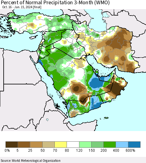 Middle East and Turkey Percent of Normal Precipitation 3-Month (WMO) Thematic Map For 10/16/2023 - 1/15/2024