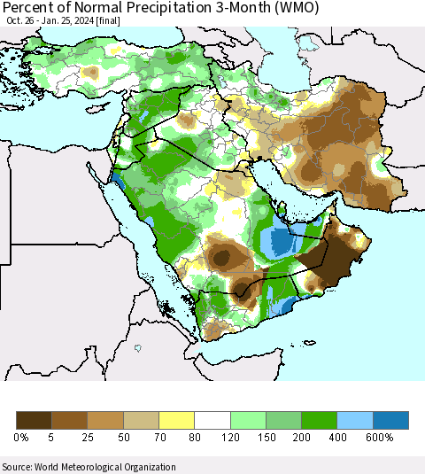Middle East and Turkey Percent of Normal Precipitation 3-Month (WMO) Thematic Map For 10/26/2023 - 1/25/2024