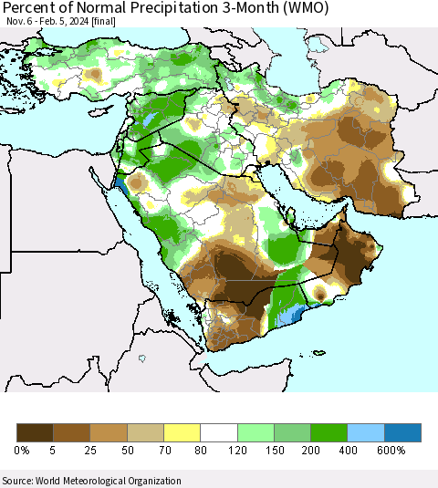 Middle East and Turkey Percent of Normal Precipitation 3-Month (WMO) Thematic Map For 11/6/2023 - 2/5/2024