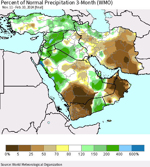Middle East and Turkey Percent of Normal Precipitation 3-Month (WMO) Thematic Map For 11/11/2023 - 2/10/2024