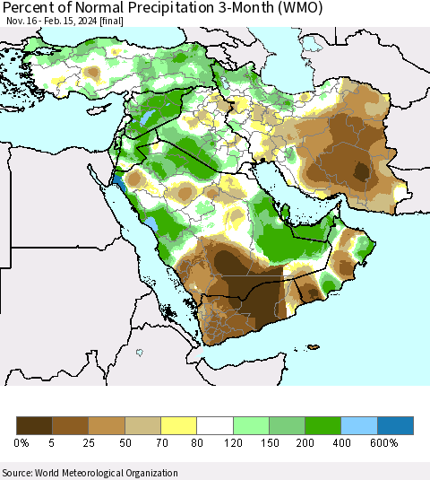 Middle East and Turkey Percent of Normal Precipitation 3-Month (WMO) Thematic Map For 11/16/2023 - 2/15/2024