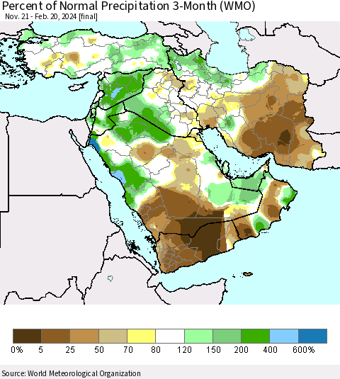 Middle East and Turkey Percent of Normal Precipitation 3-Month (WMO) Thematic Map For 11/21/2023 - 2/20/2024