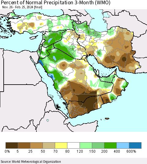 Middle East and Turkey Percent of Normal Precipitation 3-Month (WMO) Thematic Map For 11/26/2023 - 2/25/2024