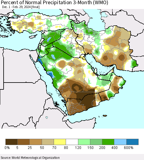 Middle East and Turkey Percent of Normal Precipitation 3-Month (WMO) Thematic Map For 12/1/2023 - 2/29/2024