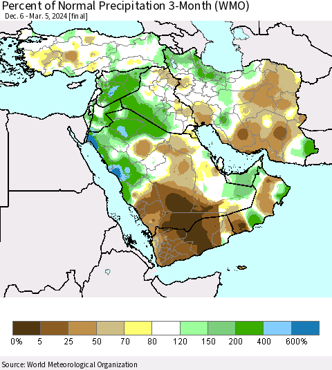 Middle East and Turkey Percent of Normal Precipitation 3-Month (WMO) Thematic Map For 12/6/2023 - 3/5/2024