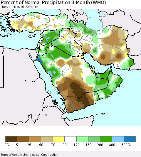 Middle East and Turkey Percent of Normal Precipitation 3-Month (WMO) Thematic Map For 12/11/2023 - 3/10/2024