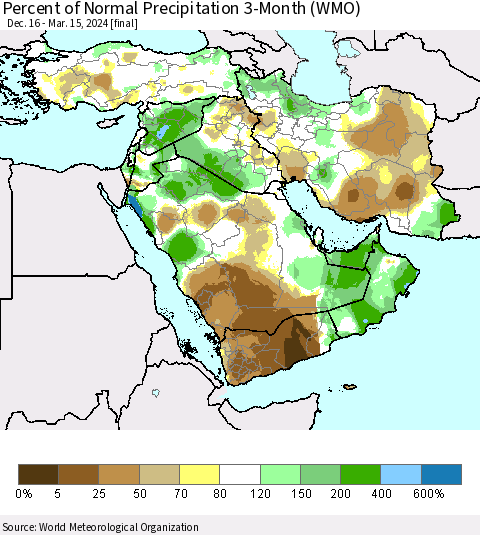 Middle East and Turkey Percent of Normal Precipitation 3-Month (WMO) Thematic Map For 12/16/2023 - 3/15/2024