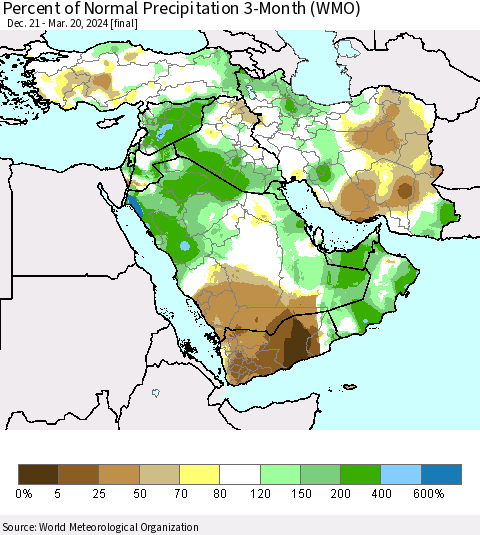 Middle East and Turkey Percent of Normal Precipitation 3-Month (WMO) Thematic Map For 12/21/2023 - 3/20/2024