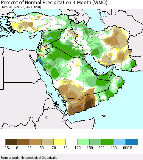 Middle East and Turkey Percent of Normal Precipitation 3-Month (WMO) Thematic Map For 12/26/2023 - 3/25/2024