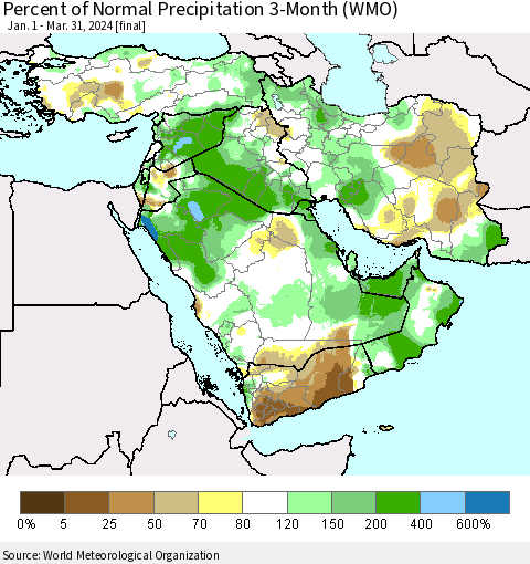 Middle East and Turkey Percent of Normal Precipitation 3-Month (WMO) Thematic Map For 1/1/2024 - 3/31/2024