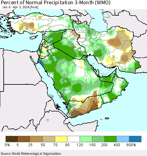 Middle East and Turkey Percent of Normal Precipitation 3-Month (WMO) Thematic Map For 1/6/2024 - 4/5/2024